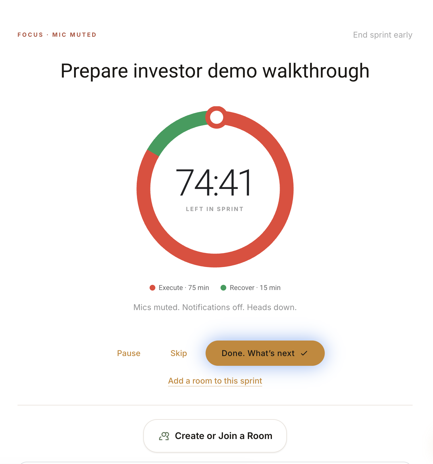 Ultradia focus sprint timer showing time remaining, execution and recovery phases